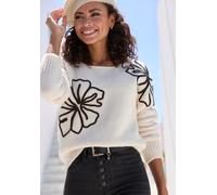 Strickpullover LASCANA, Damen, Gr. 40/42, beige, Strick, Obermaterial: 83% Polyester, 7% Polyacryl, 6% Polyamid, 4% Wolle. Besatz: 100% Polyacryl, bestickt, unifarben, figurumspielend hüftlang, tiefer