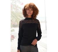 Strickpullover LASCANA, Damen, Gr. 40/42, schwarz, Feinstrick, Obermaterial: 50% Viskose, 25% Polyamid, 25% Polyester. Spitze: 100% Polyamid, unifarben, figurumspielend hüftlang, hoch geschlossener Au