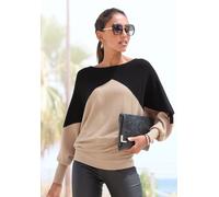 Strickpullover LASCANA, Damen, Gr. 40/42, schwarz (schwarz, sand), Strick, Obermaterial: 50% Viskose, 28% Polyester, 22% Polyamid, colorblocking, modisch, figurumspielend hüftlang, Rundhals, Langarm e