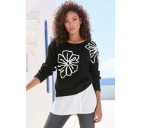 Strickpullover LASCANA, Damen, Gr. 40/42, schwarz, Strick, Obermaterial: 83% Polyester, 7% Polyacryl, 6% Polyamid, 4% Wolle. Besatz: 100% Polyacryl, bestickt, unifarben, figurumspielend hüftlang, tief