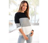 Strickpullover LASCANA, Damen, Gr. 40/42, schwarz-weiß (schwarz, grau, creme), Strick, Obermaterial: 50% Baumwolle, 50% Polyacryl, figurumspielend hüftlang, Rundhals, Rippstrickbündchen, Pullover Stri