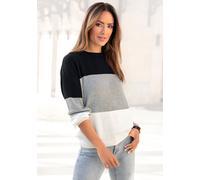 Strickpullover LASCANA, Damen, Gr. 40/42, schwarz-weiß (schwarz, grau, creme), Strick, Obermaterial: 50% Baumwolle, 50% Polyacryl, colorblocking, figurumspielend hüftlang, Rundhals, Rippstrickbündchen