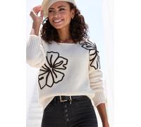 Strickpullover LASCANA, Damen, Gr. 44/46, beige, Strick, Obermaterial: 83% Polyester, 7% Polyacryl, 6% Polyamid, 4% Wolle. Besatz: 100% Polyacryl, bestickt, unifarben, figurumspielend hüftlang, tiefer