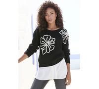 Strickpullover LASCANA, Damen, Gr. 44/46, schwarz, Strick, Obermaterial: 83% Polyester, 7% Polyacryl, 6% Polyamid, 4% Wolle. Besatz: 100% Polyacryl, bestickt, unifarben, figurumspielend hüftlang, tief