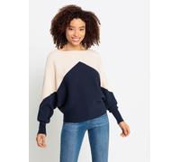 Strickpullover LASCANA "mit Colorblock-Optik und leichten Fledermausärmeln", Damen, Gr. 44/46, beige (creme, marine), Strick, Obermaterial: 50% Viskose, 28% Polyester, 22% Polyamid, figurumspielend hü