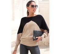 Strickpullover LASCANA, Damen, Gr. 44/46, schwarz (schwarz, sand), Strick, Obermaterial: 50% Viskose, 28% Polyester, 22% Polyamid, colorblocking, modisch, figurumspielend hüftlang, Rundhals, Langarm e