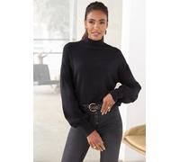 Strickpullover LASCANA "mit kleinem Stehkragen", Damen, Gr. 40/42, schwarz, Strick, Obermaterial: 50% Viskose, 25% Polyamid, 25% Polyester, unifarben, figurumspielend hüftlang, Rippstrickbündchen, Pul