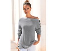 Strickpullover LASCANA "mit Knöpfen im Off-Shoulder-Style", Damen, Gr. 36/38, grau (hellgrau, meliert), Strick, Obermaterial: 60% Baumwolle, 40% Polyacryl, figurumspielend Po-bedeckend, U-Boot-Ausschn