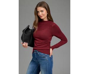 Strickpullover LAURA SCOTT "aus Ajourstrick, mit figurbetonter Passform", Damen, Gr. 32/34, rot (bordeaux), Strick, Obermaterial: 50% Viskose, 28% Polyester, 22% Polyamid, unifarben, figurbetont hüftl