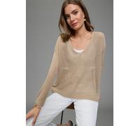 Strickpullover LAURA SCOTT "aus sommerlich leichtem Material", Damen, Gr. 44/46, beige, Strick, Obermaterial: 100% Polyacryl, unifarben, oversize hüftbedeckend, V-Ausschnitt, Rippbündchen, Pullover St