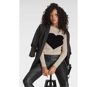 Strickpullover LAURA SCOTT, Damen, Gr. 38, beige (beige, schwarz), Strick, Obermaterial: 50% Baumwolle, 50% Polyacryl, Jacquardmuster, mehrfarbig, lässig geschnitten hüftlang, U-Boot-Ausschnitt, Bündc