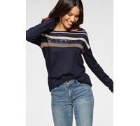 Strickpullover LAURA SCOTT, Damen, Gr. 38, blau (marine, beige, gestreift (aus nachhaltigem material)), Feinstrick, Obermaterial: 70% Viskose, 30% Polyamid, Glitzermuster, bedruckt, gestreift, kontras