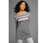 Strickpullover LAURA SCOTT, Damen, Gr. 38, grau, Feinstrick, Obermaterial: 70% Viskose, 30% Polyamid, Glitzermuster, gestreift, kontrastfarbene Details, figurumspielend hüftbedeckend, Rundhals, Pullov