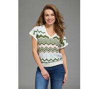 Strickpullover LAURA SCOTT, Damen, Gr. 40/42, grün, blau, rosa, weiß gemustert, Feinstrick, Obermaterial: 50% Baumwolle, 50% Polyacryl, gemustert, oversize hüftlang, V-Ausschnitt, Rippbündchen, Pullov