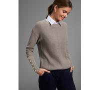 Strickpullover LAURA SCOTT, Damen, Gr. 42, grau (taupe), Grobstrick, Obermaterial: 60% Polyacryl, 40% Baumwolle, meliert, unifarben, figurumspielend Po-bedeckend, Rundhals, Bündchen mit Knöpfen, Pullo
