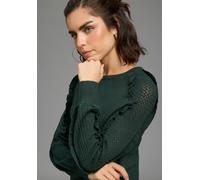 Strickpullover LAURA SCOTT "mit femininem Ajourstrickmuster", Damen, Gr. 40/42, grün, Strick, Obermaterial: 50% Viskose, 28% Polyester, 22% Polyamid, figurbetont hüftlang, Rundhals, Raglanärmel Rippbü