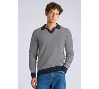 Strickpullover LINDBERGH "Strickpullover Relaxed Fit", Herren, Gr. S, schwarz-weiß (navy), Obermaterial: 60% Baumwolle, 40% Polyester, gestreift, V-Ausschnitt, Pullover Strickpullover (57279604-S) nav