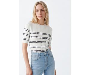 Strickpullover MAVI "SHORT SLEEVE TRICOT", Damen, Gr. M, weiß (peacoat stripe), Stoff, 90% Baumwolle, 10% Polyester, gestreift, körpernah normal, Rundhals, normaler Saum, Pullover Strickpullover, Top