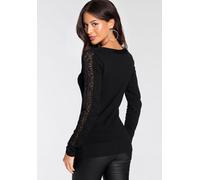 Strickpullover MELROSE, Damen, Gr. 34, schwarz, Feinstrick, Obermaterial: 70% Viskose, 30% Polyamid. Spitze: 90% Polyamid, 10% Elasthan, unifarben, tailliert hüftlang, U-Boot-Ausschnitt, Pullover Stri