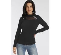 Strickpullover MELROSE, Damen, Gr. 42, schwarz, Feinstrick, Obermaterial: 70% Viskose, 30% Polyamid. Netzmaterial: 100% Polyamid, unifarben, sehr figurbetont hüftlang, hoch geschlossener Ausschnitt, P