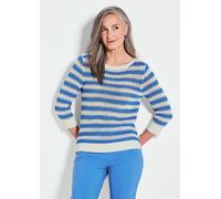 Strickpullover GOLDNER "Kurzgröße Halbarm Streifenstrick-Pullover", Damen, Gr. 24, weiß (weiß, blau, gemustert), Obermaterial: 50% Baumwolle CO. 50% Polyacryl PAN., gerade, Rippe, Pullover Strickpullo