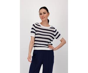 Strickpullover MONARI "Pullover Ajour Ringel", Damen, Gr. 36, blau (navy blau gestreift), Strick, Obermaterial: 100% Baumwolle, gemustert, gestreift, mehrfarbig, regular fit normal, Rundhals, eingeset