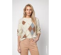 Strickpullover MONARI "Pullover Rauten Ajour", Damen, Gr. 44, beige (weiß), Strick, Obermaterial: 60% Baumwolle, 40% Polyacryl, Rautenmuster, regular fit taillenbedeckt, Rundhals, eingesetzt Rippstric