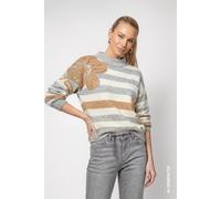 Strickpullover MONARI "Pullover Ringel + Blume", Damen, Gr. 38, hellgrau mel, Strick, Obermaterial: 59% Polyacryl, 34% Viskose, 7% Polyester, gestreift, regular fit taillenbedeckt, Rundhals, eingesetz