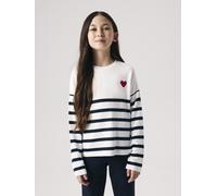 Strickpullover NAME IT "NKFLINE LS KNIT PS NOOS", Mädchen, Gr. 158/164, schwarz sapphire stripes:cloud dancer, rot heart, Strick, Obermaterial: 80% Viskose, 16% Polyester, 4% Elasthan, gestreift, regu