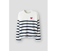 Strickpullover NAME IT "NKFLINE LS KNIT PS NOOS", Mädchen, Gr. 158/164, schwarz sapphire stripes:cloud dancer, rot heart, Strick, Obermaterial: 80% Viskose, 16% Polyester, 4% Elasthan, gestreift, regu