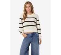 Strickpullover NOISY MAY "NMMAYSA L/S STRIPE O-NECK KNIT NOOS", Damen, Gr. L, schwarz (eggnog stripes:schwarz), Strick, Obermaterial: 50% Baumwolle, 50% Polyacryl, gestreift, kurz, Rundhals, Bündchen,