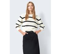 Strickpullover NOISY MAY "NMMAYSA L/S STRIPE O-NECK KNIT NOOS", Damen, Gr. M, schwarz (eggnog stripes:schwarz), Strick, Obermaterial: 50% Baumwolle, 50% Polyacryl, gestreift, kurz, Rundhals, Bündchen,
