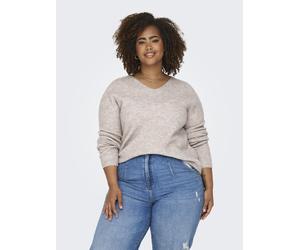 Strickpullover ONLY CARMAKOMA "CARCAMILLA V-NECK L/S PULLOVER KNT NOOS", Damen, Gr. S, beige (pumice stone detail:melange), Strick, Obermaterial: 74% Polyacryl, 24% Polyester, 2% Elasthan, meliert, no