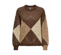 Strickpullover ONLY CARMAKOMA "CARNOEME JQ LS O-NECK KNT NOOS", Damen, Gr. L, braun (chestnut pattern:cocoa creme, biscotti, melange, argyle), Strick, Obermaterial: 58% Polyester, 24% Polyacryl, 10% W