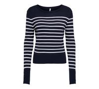 Strickpullover ONLY CARMAKOMA "CARVIVIA LIFE LS BUTTON DETAIL O-NECK", Damen, Gr. M, navy blazer stripes:hellweiß, gold button, Strick, Obermaterial: 82% Viskose, 16% Nylon, 2% Elasthan, gestreift, re