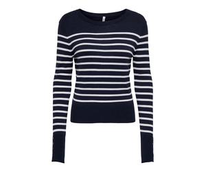 Strickpullover ONLY CARMAKOMA "CARVIVIA LIFE LS BUTTON DETAIL O-NECK", Damen, Gr. M, navy blazer stripes:hellweiß, gold button, Strick, Obermaterial: 82% Viskose, 16% Nylon, 2% Elasthan, gestreift, re