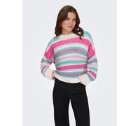 Strickpullover ONLY "ONLALYSSA LIFE LS STRIPE O-NECK CC KNT", Damen, Gr. S, birch stripes:aqua s, bright a, fusia p, knout p, sea p, Strick, Obermaterial: 100% Polyester, gestreift, regular fit, Rundh