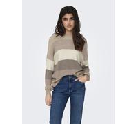 ONLY Damen Feinstrick-Pullover mit Breiten Streifen ONLAtia Stripe 15220044 Feather Gray/Beige/Whitecap M