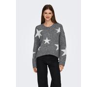 Strickpullover ONLY "ONLAZU LS STAR O-NECK KNT", Damen, Gr. XS, dunkelgrau melange detail:cloud dancer, Strick, Obermaterial: 49% Polyester, 21% Nylon, 21% Polyacryl, 7% Wolle, 2% Elasthan, gemustert,