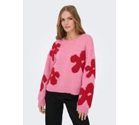 Strickpullover ONLY "ONLBOOTLE LIFE LS FLOWER O-NECK KNT", Damen, Gr. L, wild rose detail:salsa, Strick, Obermaterial: 100% Polyester, gemustert, regular fit normal, Rundhals, Rippbündchen, Pullover S