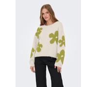 Strickpullover ONLY "ONLBOOTLE LIFE LS FLOWER O-NECK KNT", Damen, Gr. XL, weiß (baby's breath detail:camping gear), Strick, Obermaterial: 100% Polyester, gemustert, regular fit normal, Rundhals, Rippb