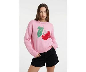 Strickpullover ONLY "ONLELISE LS O-NECK KNT", Damen, Gr. L, pink (romance rose pattern:cherry, barbados rot, grün), Strick, Obermaterial: 59% Polyester, 41% Baumwolle, gemustert, normal, Rundhals, Pul