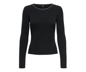 Strickpullover ONLY "ONLEMMA LS BLING O-NECK KNT NCA", Damen, Gr. S, schwarz (schwarz detail:silber bling), Strick, Obermaterial: 72% Viskose, 28% Nylon, unifarben mit Farbeinsatz, slim fit, V-Ausschn