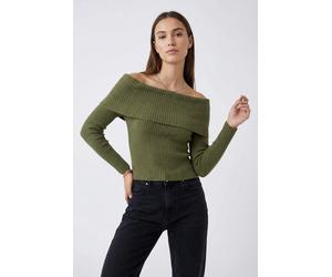 Strickpullover ONLY "ONLKATIA LIFE LS OFF SHOULDER KNT NOOS", Damen, Gr. S, sphagnum detail:melange, Strick, Obermaterial: 50% Viskose, 27% Nylon, 23% Polyester, meliert, regular fit normal, Carmenaus