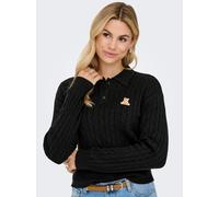 Strickpullover ONLY "ONLKATIA LS CABLE POLO CC KNT", Damen, Gr. S, schwarz (schwarz detail:teddy emb, dtm button), Strick, Obermaterial: 50% Viskose, 27% Nylon, 23% Polyester, gestreift, regular fit n