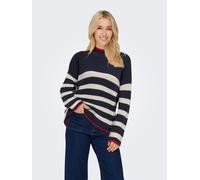 Strickpullover ONLY "ONLKATIA LS RIB HIGHNECK CC KNT", Damen, Gr. M, weiß (night sky stripes:weißcap grau, salsa), Strick, Obermaterial: 50% Viskose, 27% Nylon, 23% Polyester, gestreift, regular fit,