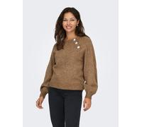 Strickpullover ONLY "ONLLAUREN LIFE LS O-NECK BUTTON KNT", Damen, Gr. XL, cocoa créme detail:melange, Strick, Obermaterial: 50% Polyacryl, 50% Polyester, meliert, regular fit, Rundhals, Rippstrickbünd