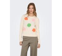 Strickpullover ONLY "ONLLOTUS LIFE LS FLOWER O-NECK EX KNT", Damen, Gr. S, baby's breath detail:mandarin ora, vibrant gre, tickled pin, Strick, Obermaterial: 87% Polyester, 10% Polyacryl, 3% Elasthan,