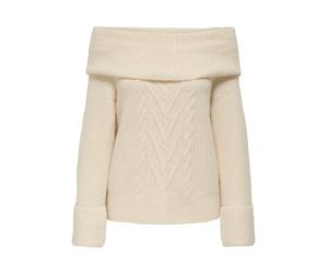 Strickpullover ONLY "ONLLUNA LS OFF SHOULDER PULLOVER KNT", Damen, Gr. S, birch, Strick, Obermaterial: 75% Polyester, 22% Polyacryl, 3% Elasthan, unifarben, Carmenausschnitt, Pullover Strickpullover (