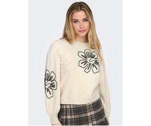 Strickpullover ONLY "ONLMAGNOLIA LS DETAIL PULLOVER KNT", Damen, Gr. M, weißcap gray detail:schwarz lace ribbon, flower, Strick, Obermaterial: 51% Viskose, 26% Polyester, 23% Nylon, bestickt, normal,
